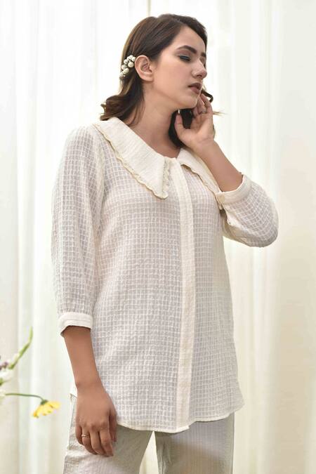 Tussah By Siddhi Shah_White Woven Cotton Peter Pan Collar Shirt_Online_at_Aza_Fashions