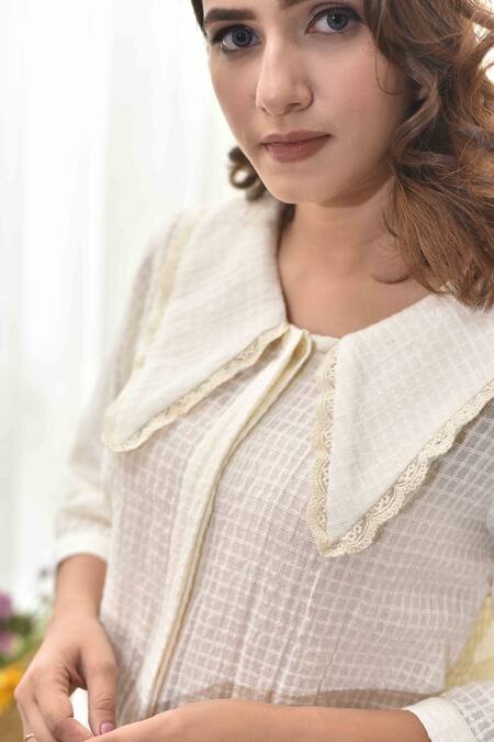 Buy_Tussah By Siddhi Shah_White Woven Cotton Peter Pan Collar Shirt_Online_at_Aza_Fashions