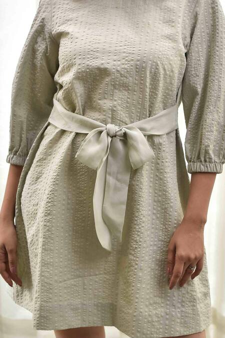 Tussah by Siddhi Shah_Grey Cotton Textured Round Short Dress  _Online_at_Aza_Fashions