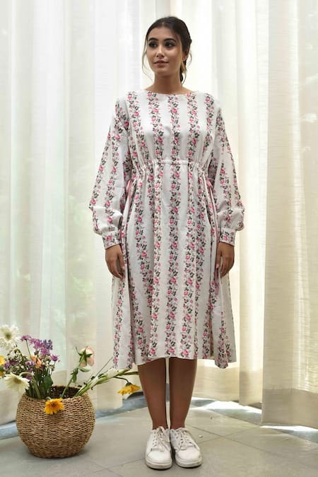 Tussah by Siddhi Shah White Handloom Cotton Floral Round Dress 