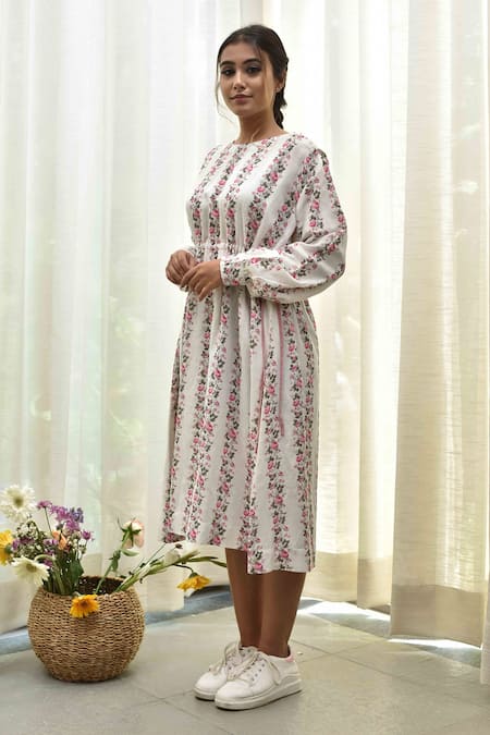 Tussah By Siddhi Shah_White Handloom Cotton Floral Print Round Dress_Online_at_Aza_Fashions