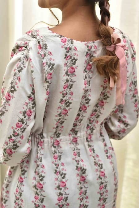 Buy_Tussah By Siddhi Shah_White Handloom Cotton Floral Print Round Dress_Online_at_Aza_Fashions