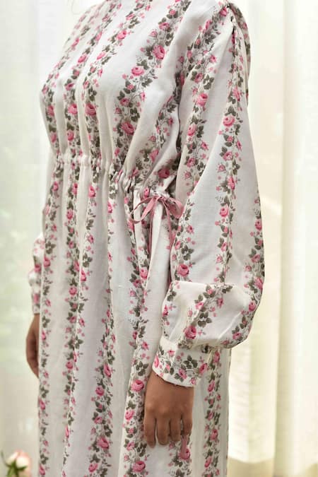 Shop_Tussah By Siddhi Shah_White Handloom Cotton Floral Print Round Dress_Online_at_Aza_Fashions