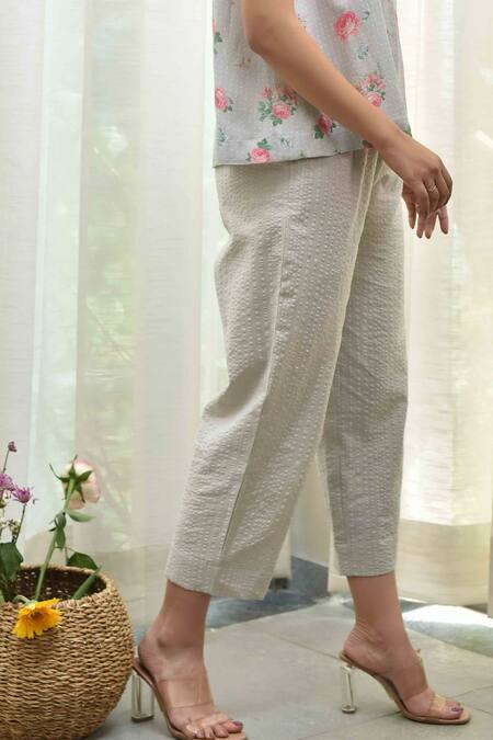 Tussah By Siddhi Shah_Grey Cotton Textured Pants_Online_at_Aza_Fashions