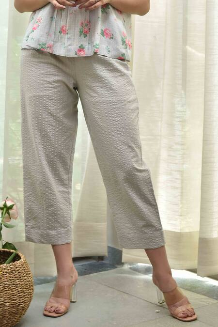 Buy_Tussah By Siddhi Shah_Grey Cotton Textured Pants_Online_at_Aza_Fashions