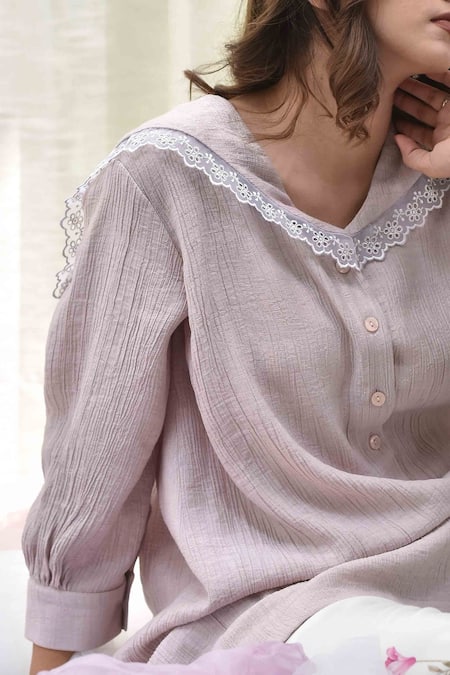 Shop_Tussah By Siddhi Shah_Purple Cotton Textured Sailor Collar Tunic _Online_at_Aza_Fashions