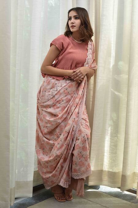Tussah By Siddhi Shah_Peach Moss Cotton Floral Print Round Saree With Blouse_Online_at_Aza_Fashions
