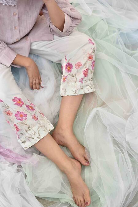 Tussah By Siddhi Shah_White Pure Cotton Floral Print Straight Pants _Online_at_Aza_Fashions