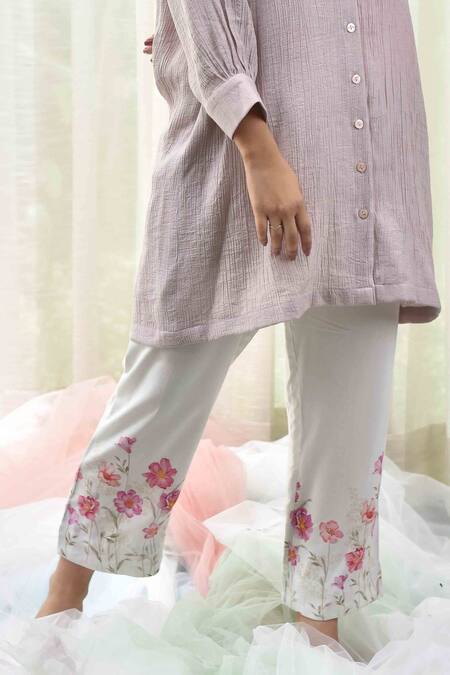 Buy_Tussah By Siddhi Shah_White Pure Cotton Floral Print Straight Pants _Online_at_Aza_Fashions