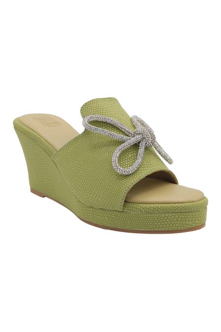 Veruschka By Payal Kothari_Green Diamante Bow Wedges_Online_at_Aza_Fashions