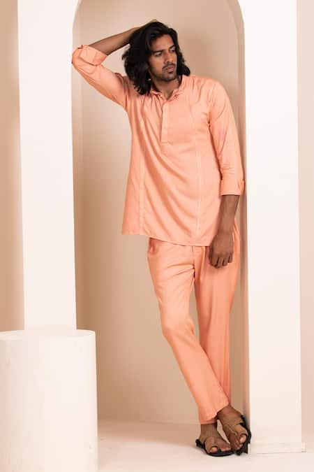 Artless Orange Tencel Cotton Plain Pintuck Kurta And Pant Set 