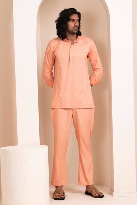 Buy_Artless_Orange Tencel Cotton Plain Pintuck Kurta And Pant Set_Online_at_Aza_Fashions
