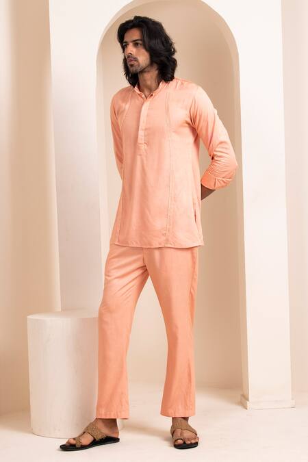 Shop_Artless_Orange Tencel Cotton Plain Pintuck Kurta And Pant Set_Online_at_Aza_Fashions