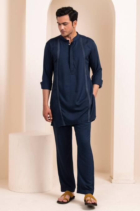Artless_Blue Tencel Cotton Plain Straight Kurta And Pant Set_Online_at_Aza_Fashions