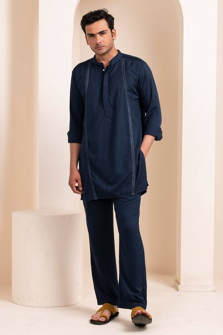 Buy_Artless_Blue Tencel Cotton Plain Straight Kurta And Pant Set_Online_at_Aza_Fashions