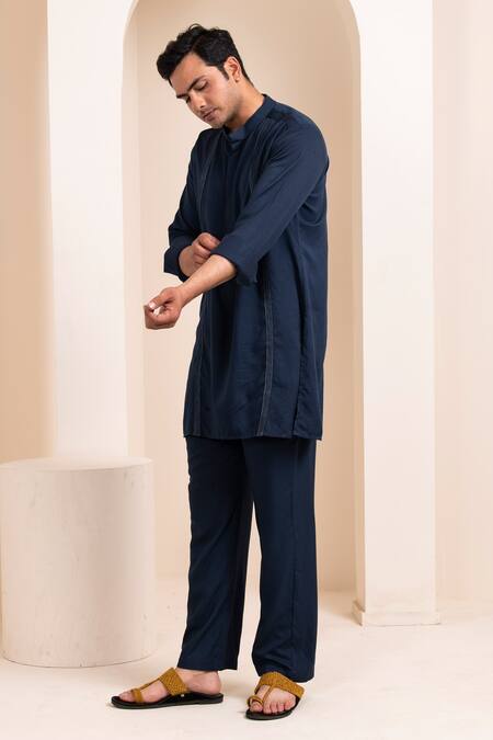 Shop_Artless_Blue Tencel Cotton Plain Straight Kurta And Pant Set_Online_at_Aza_Fashions