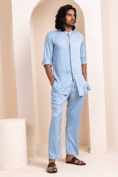 Artless_Blue Tencel Cotton Plain Cerulean Kurta And Pant Set_Online_at_Aza_Fashions