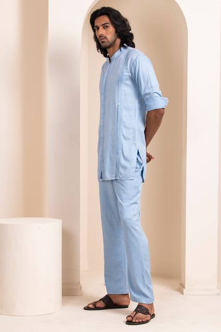 Shop_Artless_Blue Tencel Cotton Plain Cerulean Kurta And Pant Set_Online_at_Aza_Fashions