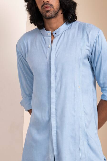 Artless_Blue Tencel Cotton Plain Cerulean Kurta And Pant Set_at_Aza_Fashions