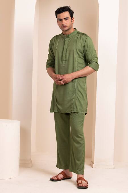 Artless_Green Tencel Cotton Plain Straight Kurta And Pant Set_Online_at_Aza_Fashions