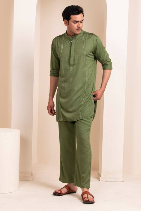 Buy_Artless_Green Tencel Cotton Plain Straight Kurta And Pant Set_Online_at_Aza_Fashions