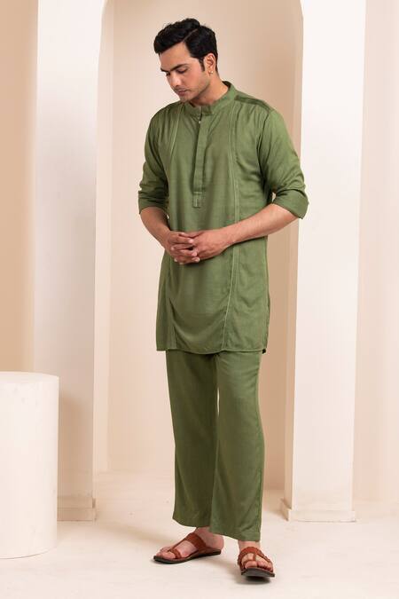Shop_Artless_Green Tencel Cotton Plain Straight Kurta And Pant Set_Online_at_Aza_Fashions