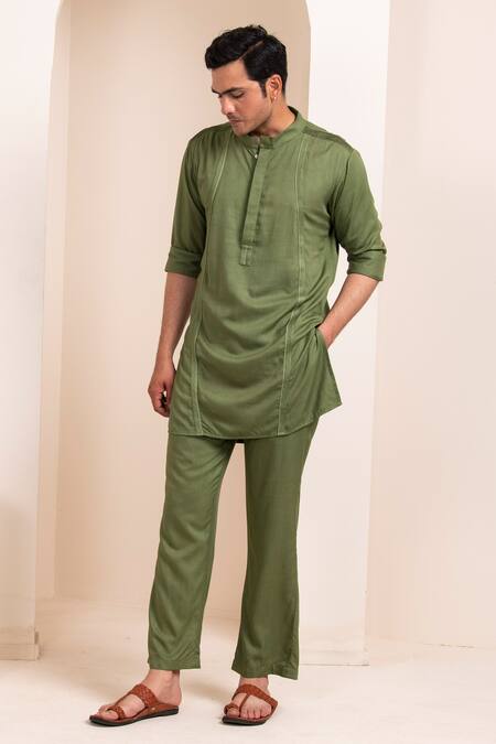 Artless_Green Tencel Cotton Plain Straight Kurta And Pant Set_at_Aza_Fashions