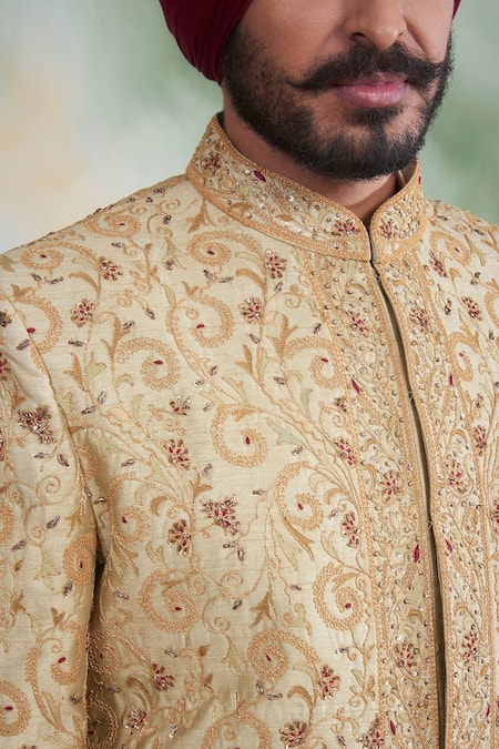 Gargee Designers Gold Raw Silk Embroidered Thread Work Floral Sherwani Set  4