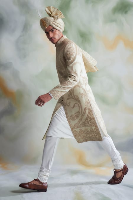 Gargee Designers_Green Chanderi , Cotton Thread Work Floral Embroidered Sherwani Set _Online_at_Aza_Fashions