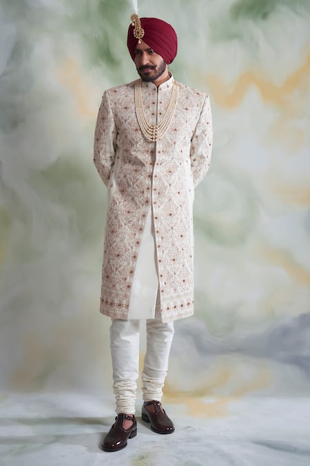 Gargee Designers_White Raw , Cotton Thread Work Floral Embroidered Sherwani Set _Online_at_Aza_Fashions