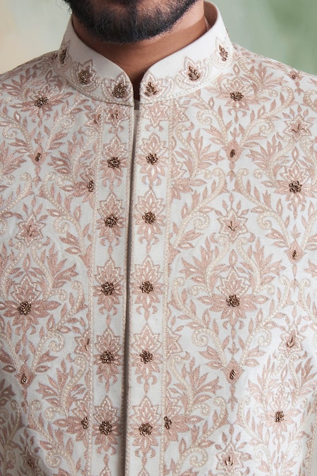 Buy_Gargee Designers_White Raw , Cotton Thread Work Floral Embroidered Sherwani Set _Online_at_Aza_Fashions