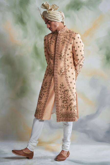 Gargee Designers_Peach Raw , Cotton Thread Work Floral Embroidered Sherwani Set _Online_at_Aza_Fashions