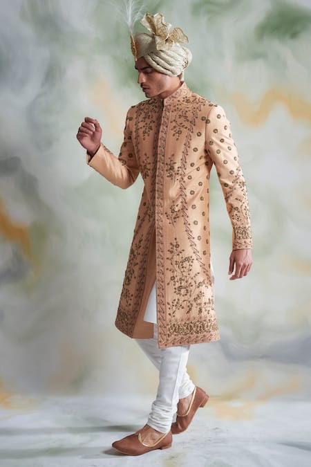Buy_Gargee Designers_Peach Raw , Cotton Thread Work Floral Embroidered Sherwani Set _Online_at_Aza_Fashions