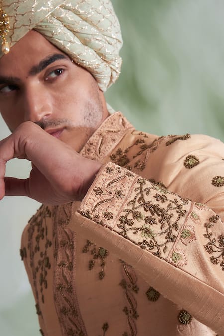 Shop_Gargee Designers_Peach Raw , Cotton Thread Work Floral Embroidered Sherwani Set _Online_at_Aza_Fashions
