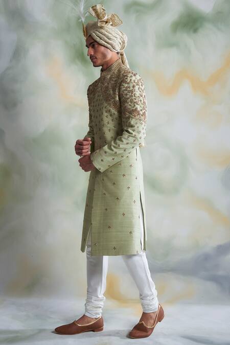 Gargee Designers_Green Raw , Cotton Thread Work Floral Embroidered Sherwani Set _Online_at_Aza_Fashions