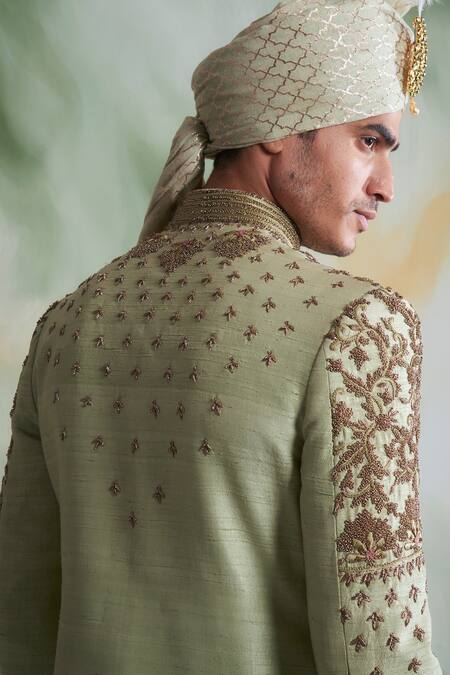 Shop_Gargee Designers_Green Raw , Cotton Thread Work Floral Embroidered Sherwani Set _Online_at_Aza_Fashions