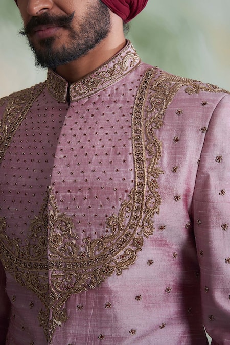 Gargee Designers_Pink Raw , Cotton Thread Work Floral Embroidered Sherwani Set _Online_at_Aza_Fashions