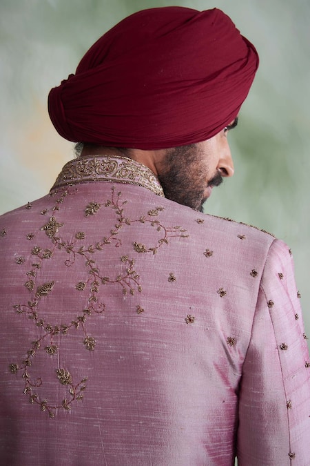 Buy_Gargee Designers_Pink Raw , Cotton Thread Work Floral Embroidered Sherwani Set _Online_at_Aza_Fashions