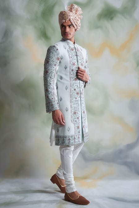 Gargee Designers_Blue Cotton , Slub Thread Work Floral Embroidered Sherwani Set _Online_at_Aza_Fashions