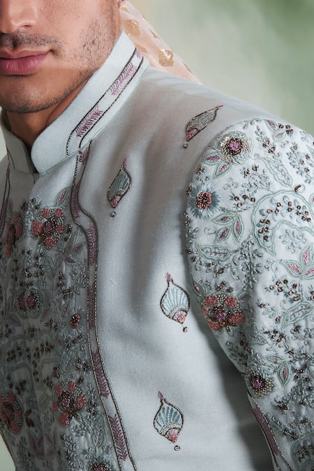 Shop_Gargee Designers_Blue Cotton , Slub Thread Work Floral Embroidered Sherwani Set _Online_at_Aza_Fashions