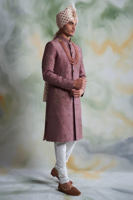 Gargee Designers_Pink Raw , Cotton Thread Work Floral Embroidered Sherwani Set _Online_at_Aza_Fashions