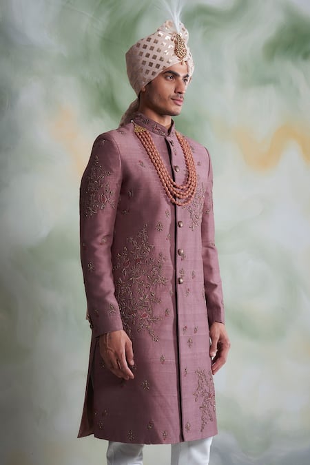 Buy_Gargee Designers_Pink Raw , Cotton Thread Work Floral Embroidered Sherwani Set _Online_at_Aza_Fashions