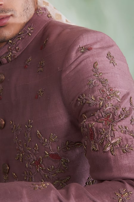 Shop_Gargee Designers_Pink Raw , Cotton Thread Work Floral Embroidered Sherwani Set _Online_at_Aza_Fashions