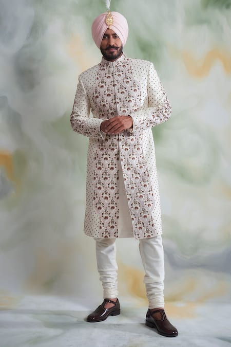 Gargee Designers White Raw Silk Embroidered Thread Work Floral Sherwani Set 