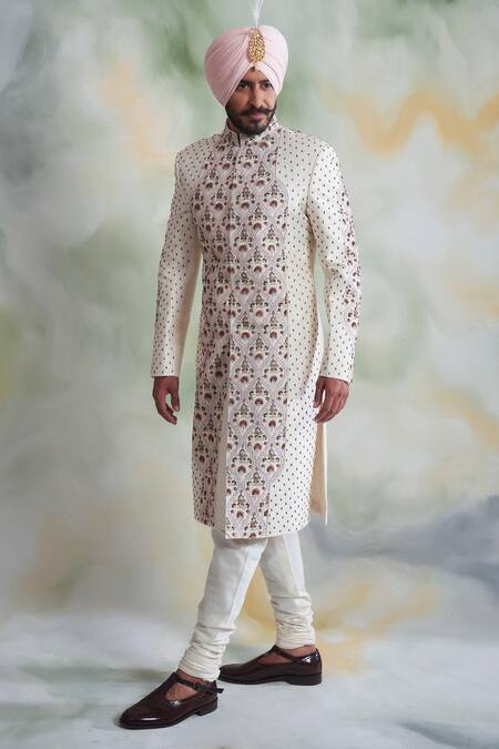 Gargee Designers_White Raw , Cotton Thread Work Floral Embroidered Sherwani Set _Online_at_Aza_Fashions