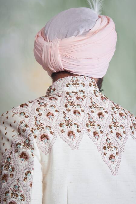 Buy_Gargee Designers_White Raw , Cotton Thread Work Floral Embroidered Sherwani Set _Online_at_Aza_Fashions