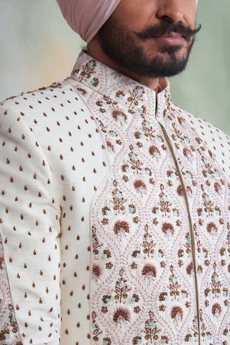 Shop_Gargee Designers_White Raw , Cotton Thread Work Floral Embroidered Sherwani Set _Online_at_Aza_Fashions