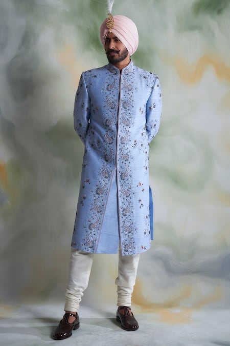 Gargee Designers Blue Raw Silk Embroidered Thread Work Floral Sherwani Set 