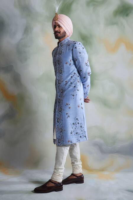 Gargee Designers_Blue Raw , Cotton Thread Work Floral Embroidered Sherwani Set _Online_at_Aza_Fashions