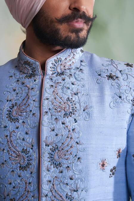 Buy_Gargee Designers_Blue Raw , Cotton Thread Work Floral Embroidered Sherwani Set _Online_at_Aza_Fashions